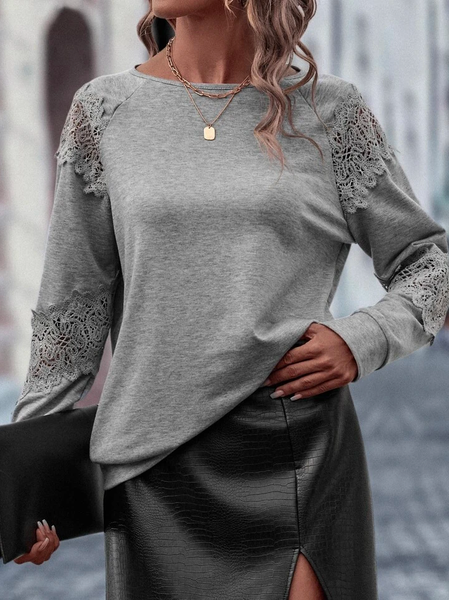 

Loose Casual Plain Crew Neck Sweatshirt, Gray, Tops