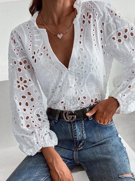 

Solid Eyelet Embroidery Notched Blouse, White, Shirts & Blouses