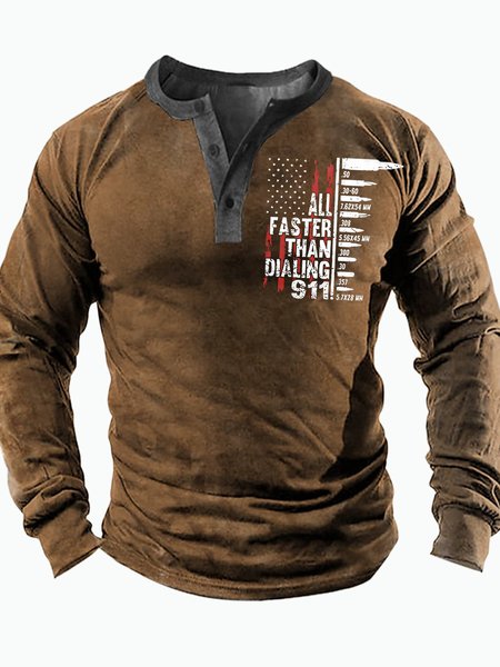 

Men's All Faster Than Dialing 911 Funny Graphic Print Casual Half Turtleneck America Flag Top, Khaki, Long Sleeves