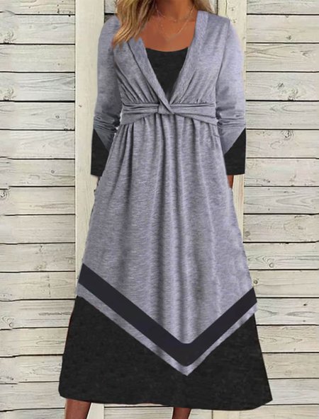 

Geometric V Neck Casual Regular Fit Dress, Gray, Midi Dresses