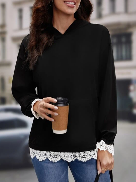 

Lace Edge Hoodie Casual Sweatshirt, Black, Sweatshirts & Hoodies