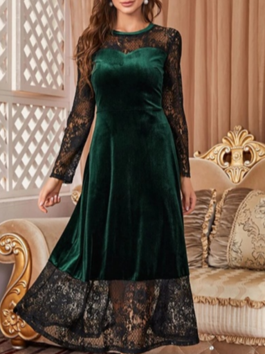 

Womens velvet Lace Loose Casual Plain Dresses, Green, Dresses
