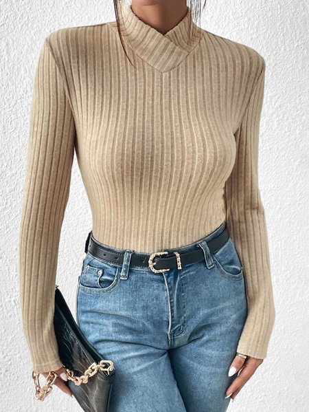 

Half Turtleneck Casual Plain Regular Fit T-Shirt, Apricot, T-shirts
