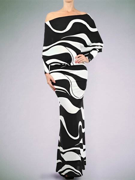

One Shoulder Striped Elegant Loose Dress, Black, Maxi Dresses