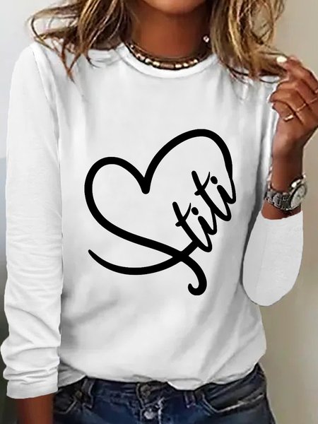 

Women's Funny Word Heart Titi Regular Fit Simple Long Sleeve Top, White, Long sleeves
