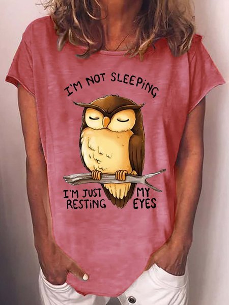 

Women's Funny Owl I'm Not Sleeping I'm Just Resting My Eyes Print Letters Casual T-Shirt, Red, T-shirts