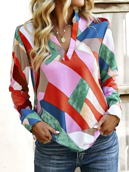 

Color Block Cotton-Blend Casual Blouse, Multicolor, Shirts & Blouses