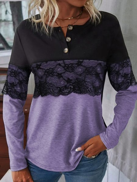

Casual Lace Long Sleeve V Neck T-shirt, Purple, Blouses