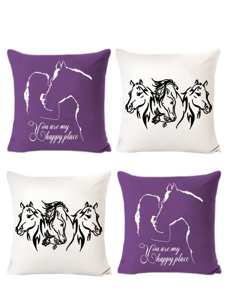 

18x18 Set of 4 Cushion Pillow Covers, Funny Horse And Girl You Are My Happy Place Print Letters Backrest Decorations For Home, Purple, Pillow Covers