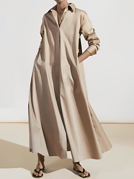 

Shirt Collar Loose Simple Plain Dress, Khaki, Maxi Dresses
