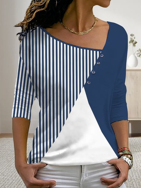 

Women Asymmetrical Neck Plain color block stripe loose button Long Sleeve Top, Navy blue, Long Sleeves