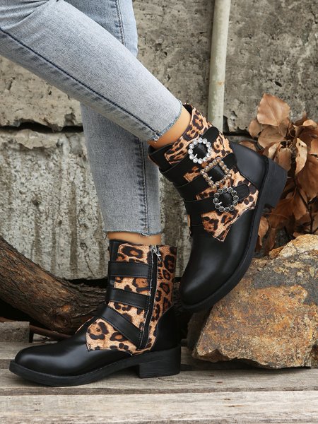 

Leopard Pattern Rhinestone Buckle Decor Zipper Side Combat Boots, Black, Boots