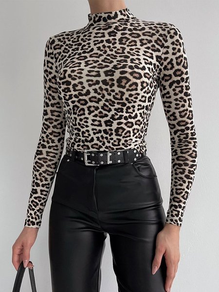 

Tight Half Turtleneck Elegant Leopard Long Sleeve T-Shirt, Tees