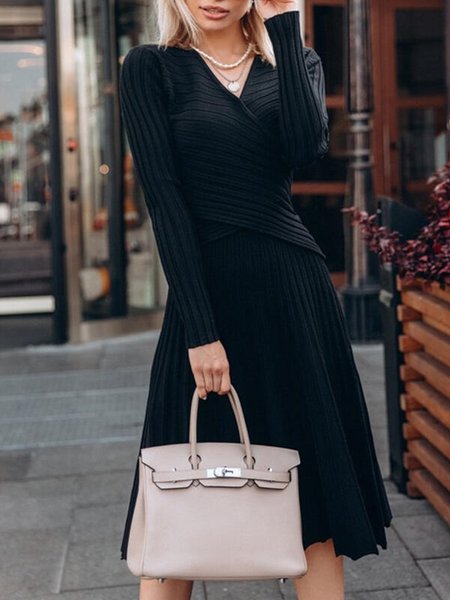

Cross Neck Elegant Plain Long Sleeve Two-Piece Set, Black, Two-piece Set