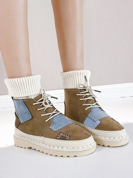 

Color Block Patch Decor Lace-up Front Slip On Boots, Khaki, Boots