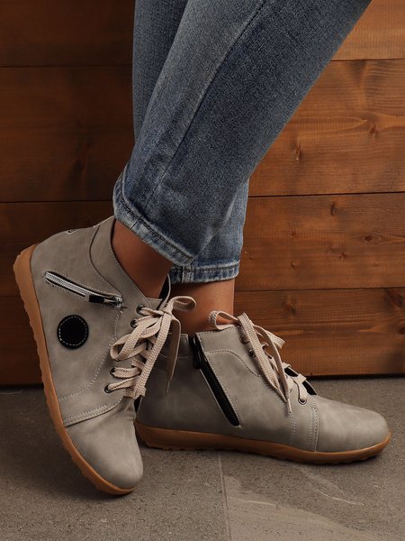

Vintage Panel Side Zip Lace-Up Soft Sole Boots, Gray, Boots