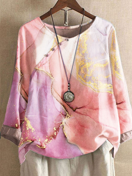 

Crew Neck Casual Cotton-Blend Loose Top, Pink, Tops