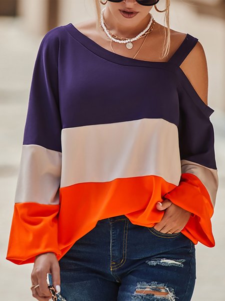 

Color Block Casual One Shoulder Lantern Sleeve Top, Multicolor, Tops