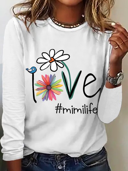

Women’s Personalized Love Mimi Life Regular Fit Crew Neck Long Sleeve Top, White, Long sleeves