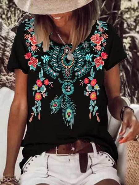 

Regular Fit Ethnic Cotton-Blend Boho T-Shirt, Black, T-Shirts