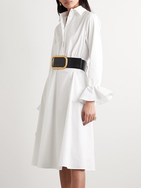 

Simple Plain Loose Shirt Collar Dress, White, Midi Dresses