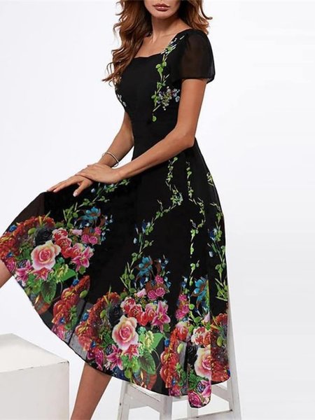

Floral Elegant Square Neck Regular Fit Dress, Black, Dresses