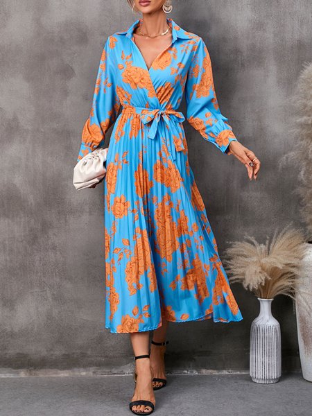 

Pleated Shirt Collar Elegant Floral Print Dress, Blue, Maxi Dresses