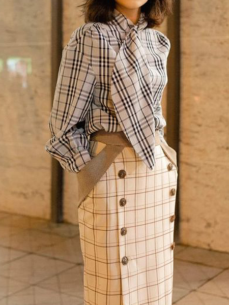 

Plaid Stand Collar Long sleeve Urban Loose Blouse, Gray, Blouses and Shirts