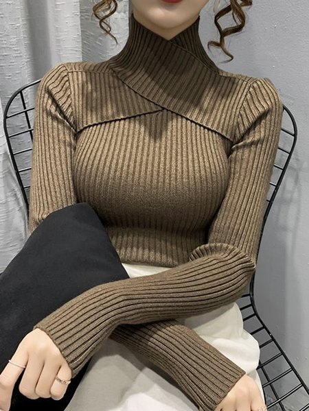 

Turtleneck Elegant Long Sleeve Tight Sweater, Deep khaki, Pullovers