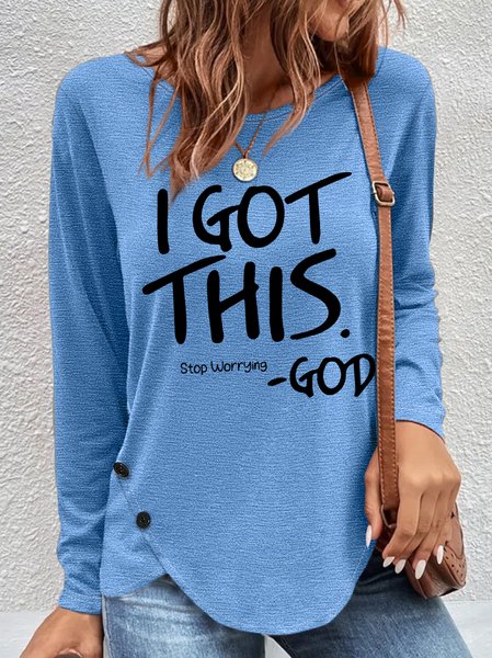 

Women‘s I Got This Stop Worrying Crew Neck Text Letters Long Sleeve Top, Blue, Long sleeves