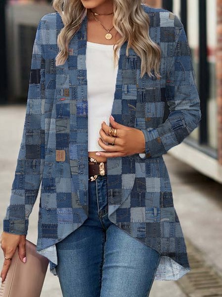 

Geometric Loose Casual Other Coat, Blue, Cardigans