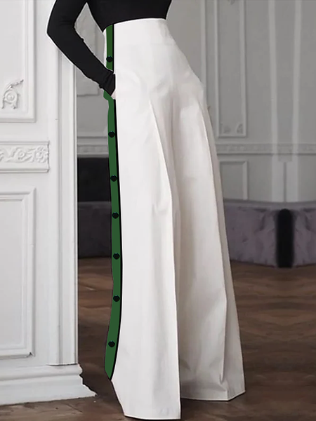

High Waist Color Block Loose Urban Fashion Long Pants, White, Pants