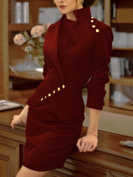 

Plain Regular Fit Lapel Collar Urban Long Sleeve Two-Piece Set, Red, Two-piece Set