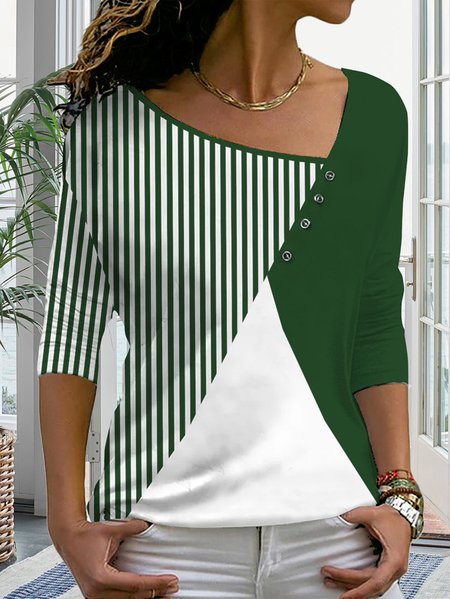

Women Asymmetrical Neck Plain color block stripe loose button Long Sleeve Top, Green, Long Sleeves