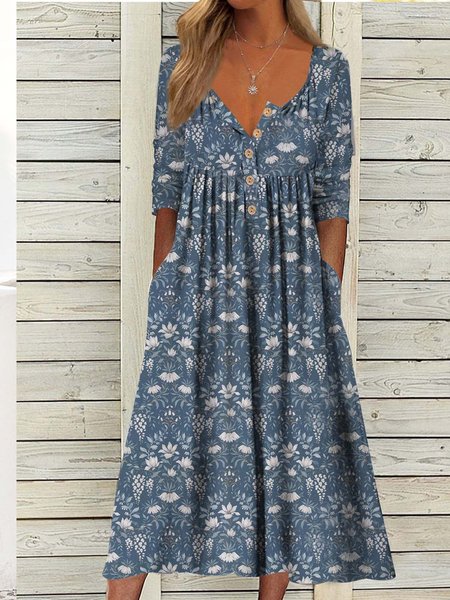 

Floral Buttoned Loose Casual Dress, Blue, Dresses