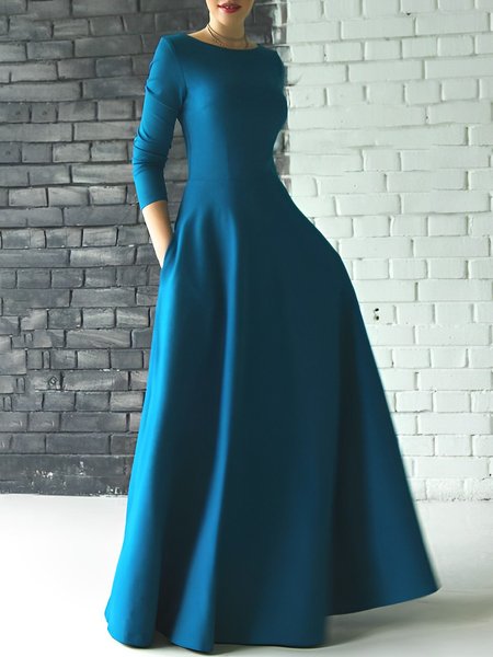 

Crew Neck Regular Fit Plain Elegant Dress, Blue, Maxi Dresses
