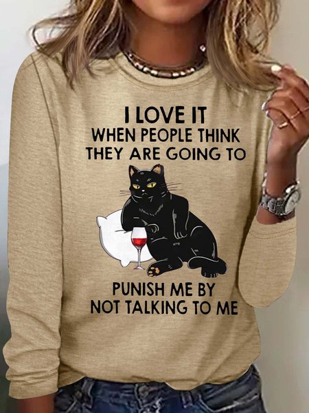 

Women's I Love It Cat Funny Letter Casual Top, Apricot, Long sleeves