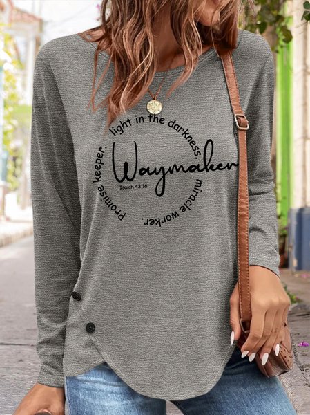 

Women‘s Waymaker Bible Verse Cotton-Blend Simple Crew Neck Loose Long Sleeve Top, Gray, Long sleeves