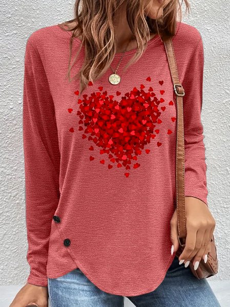 

Women's Crew Neck Heart Simple Long Sleeve Top, Pink, Long sleeves