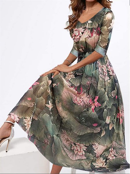 

Floral Crew Neck Regular Fit Elegant Dress, Green, Dresses