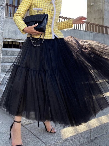 

Elegant Loose Plain Midi Skirt, Black, Skirts