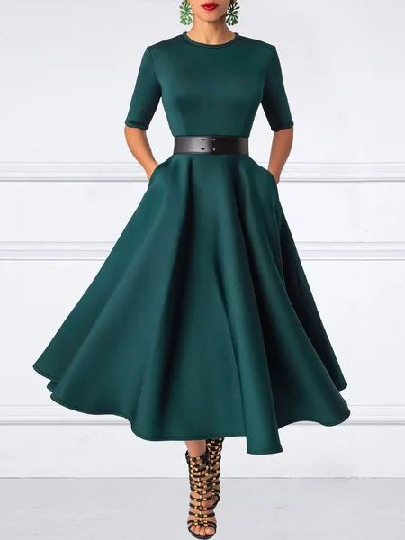 

Elegant Plain Crew Neck Half Sleeve Dress, Dark green, Midi Dresses