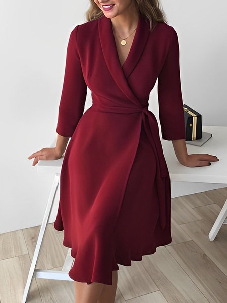 

Plain Regular Fit Elegant Shawl Collar Dress, Wine red, Midi Dresses