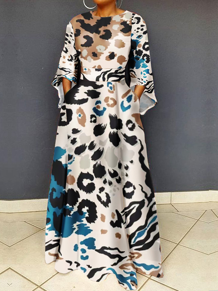 

Elegant Geometric Regular Fit Crew Neck Three Quarter Long Dress, As picture, Maxi Dresses