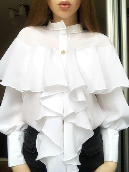 

Stand Collar Plain Elegant Loose Long sleeve Blouse, White, Blouses and Shirts