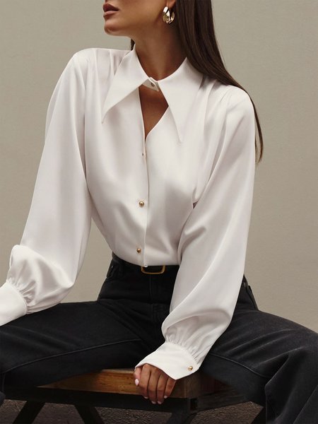 

Simple Plain Shirt Collar Urban Blouse, White, Blouses and Shirts