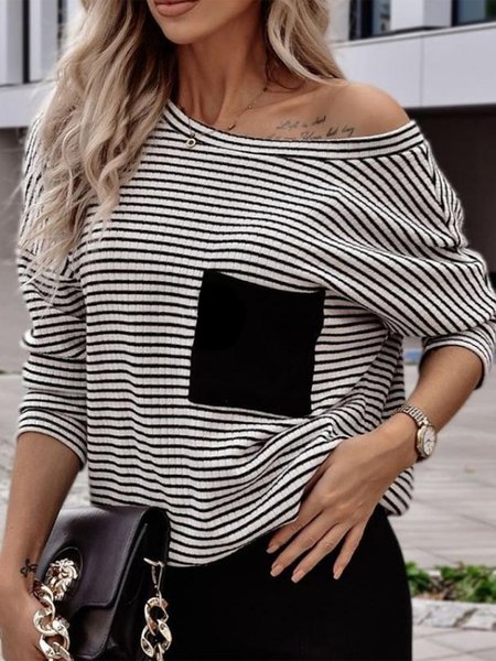 

Loose Striped Crew Neck Casual T-Shirt, Black, T-Shirts