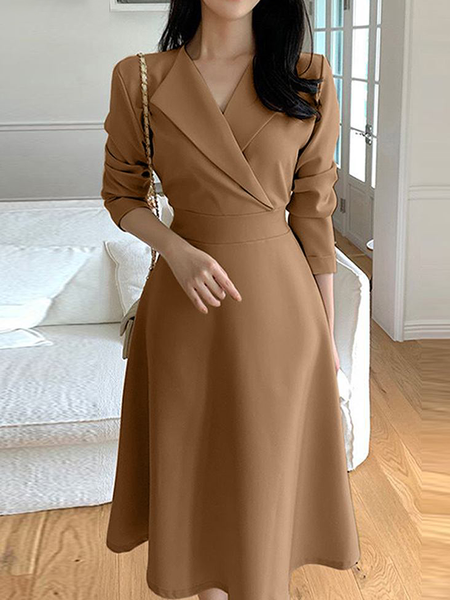 

Regular Fit Elegant Shawl Collar Long sleeve Plain Midi Dress, Brown, Midi Dresses
