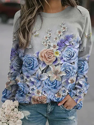 

Casual Loose Floral Crew Neck Sweatshirt, Gray, Sweatshirts & Hoodies