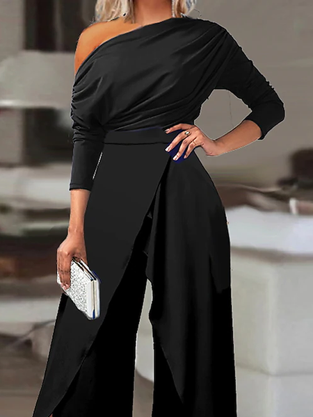 

High Elasticity Regular Fit Urban Asymmetrical Long sleeve Top, Black, Blouses and Shirts